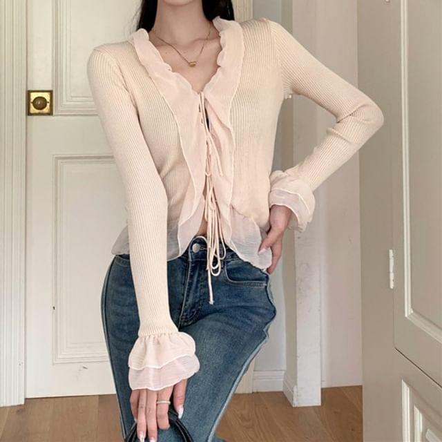Ribbed Cropped Knit Cardigan with Ruffle Trim, Tie Front and V-Neckline