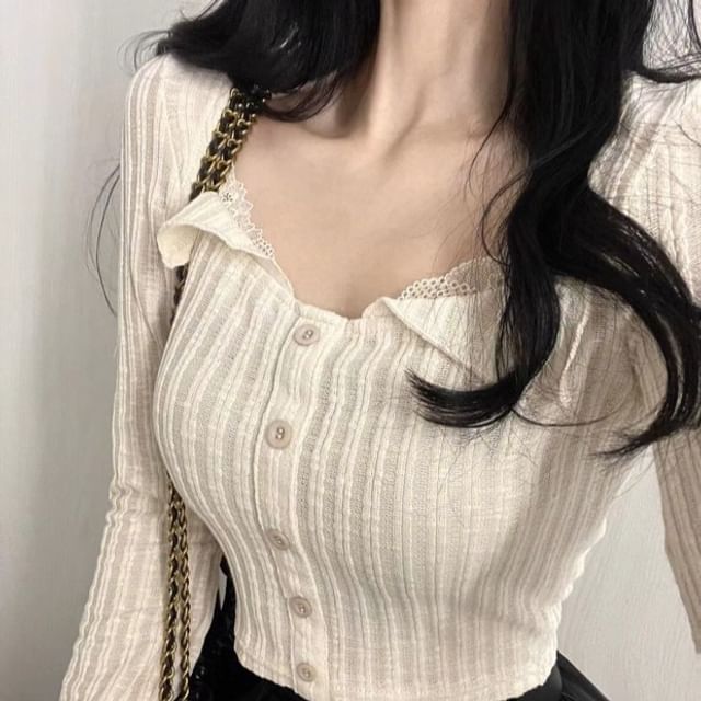 Ribbed Cropped Knit Cardigan with Lace Trim, Buttons and Long Sleeves