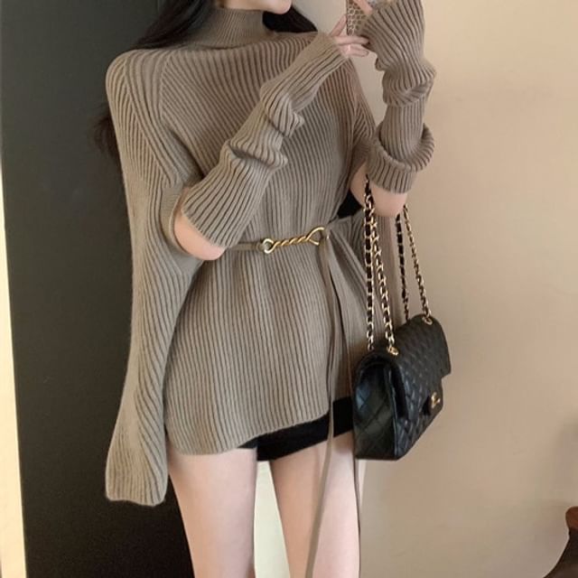 Ribbed Turtleneck Knit Top with Cape Sleeves and Arm Sleeves Set