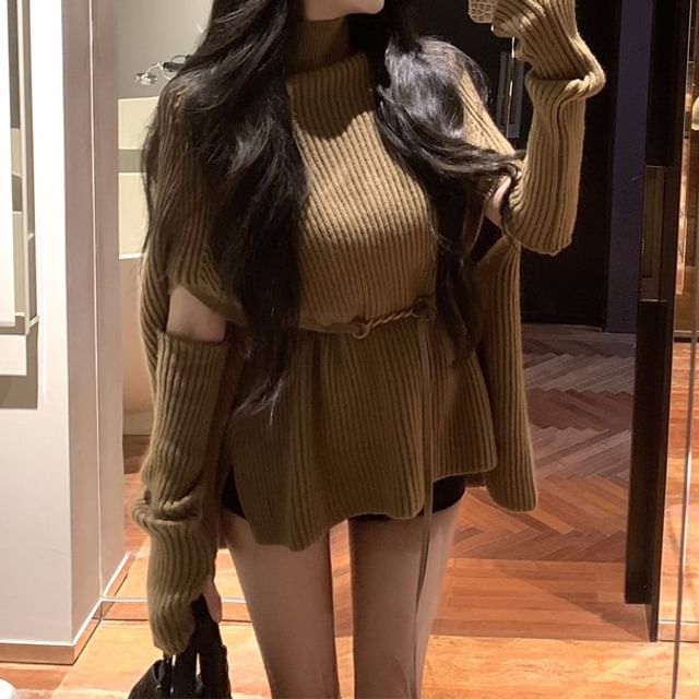 Ribbed Turtleneck Knit Top with Cape Sleeves and Arm Sleeves Set