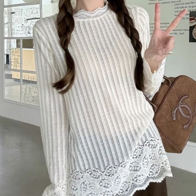 Floral Crewneck Sweater Vest or Long-Sleeved Lacy Blouse Combo