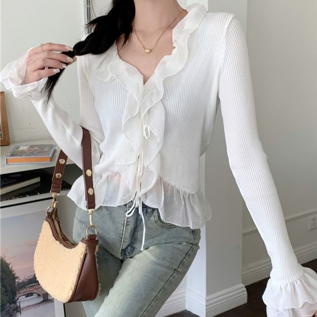 Ribbed Cropped Knit Cardigan with Ruffle Trim, Tie Front and V-Neckline