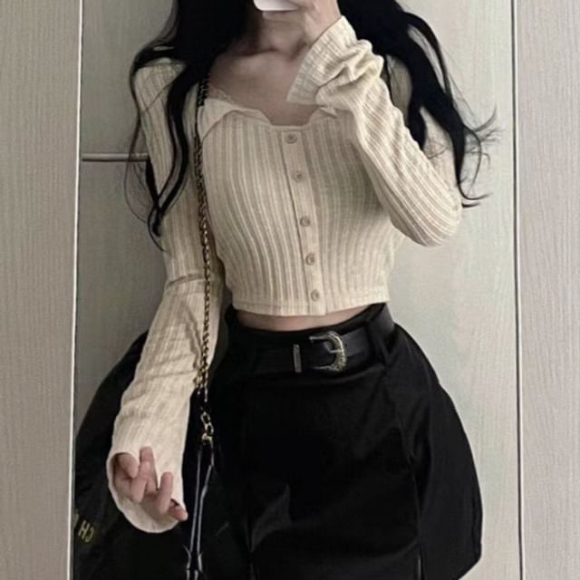 Ribbed Cropped Knit Cardigan with Lace Trim, Buttons and Long Sleeves