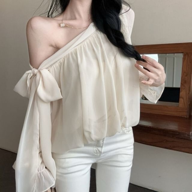 Off-Shoulder Bow Blouse with Asymmetrical Neckline and Long Sleeves