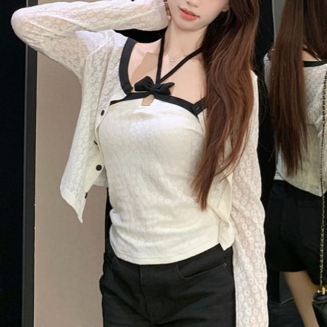 Halter Crop Top & Solid Cardigan Set
