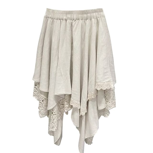 Lace Trim Asymmetrical A-Line Skirt with Elastic Waist
