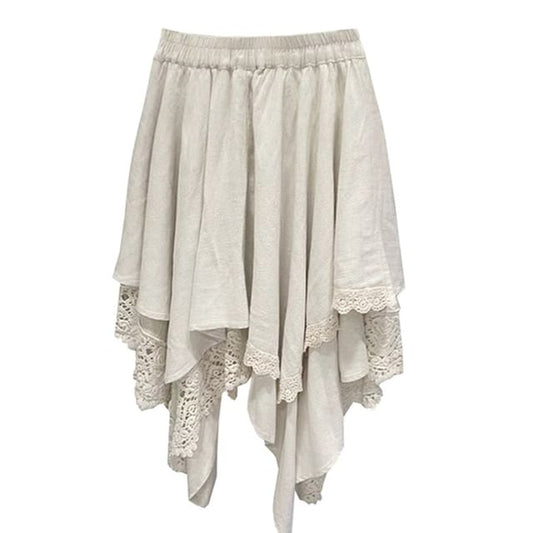 Lace Trim Asymmetrical A-Line Skirt with Elastic Waist
