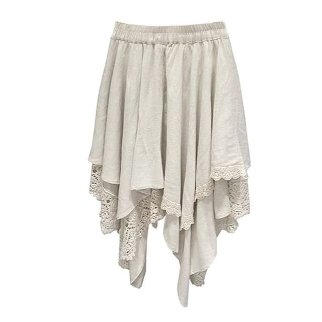 Lace Trim Asymmetrical A-Line Skirt with Elastic Waist