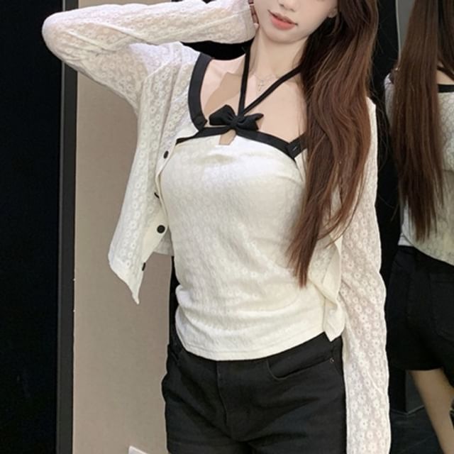 Halter Crop Top & Solid Cardigan Set