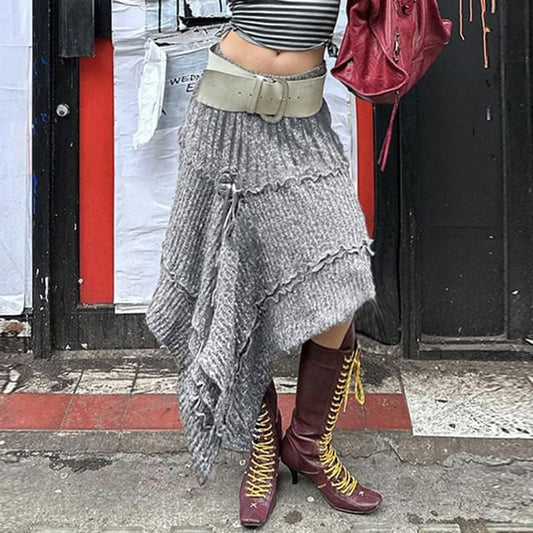 Asymmetric Hem Knitted Midi Skirt with Low Waist