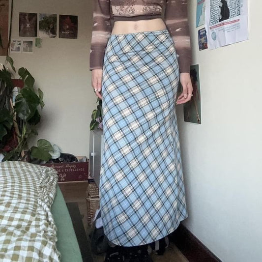 Plaid Midi A-Line Skirt with Mid Waist