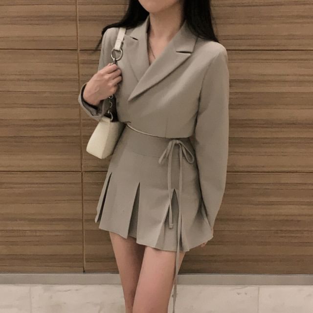 Crop Wrap Blazer & Pleated Mini Skirt Set