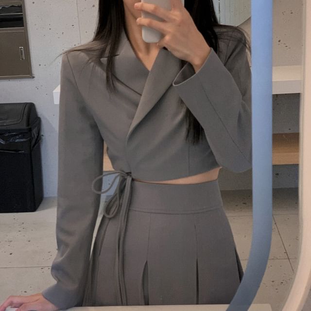 Crop Wrap Blazer & Pleated Mini Skirt Set