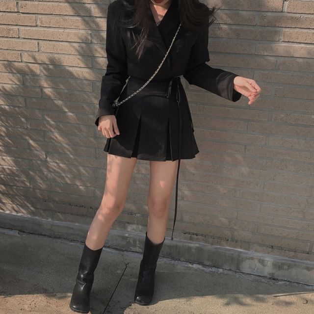 Crop Wrap Blazer & Pleated Mini Skirt Set
