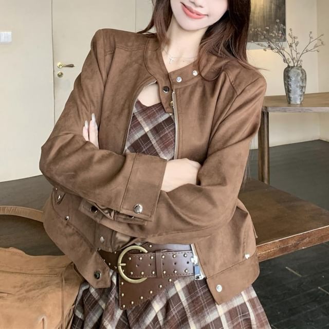 Spaghetti Strap V-Neck Plaid Asymmetrical Mini A-Line Dress / Belt / Band Collar Plain Faux Suede Zip Jacket / Set