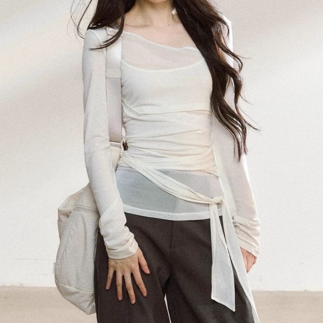 Long Sleeve Asymmetrical Neck Plain Tie Waist Tee / High Rise Wide Leg Pants