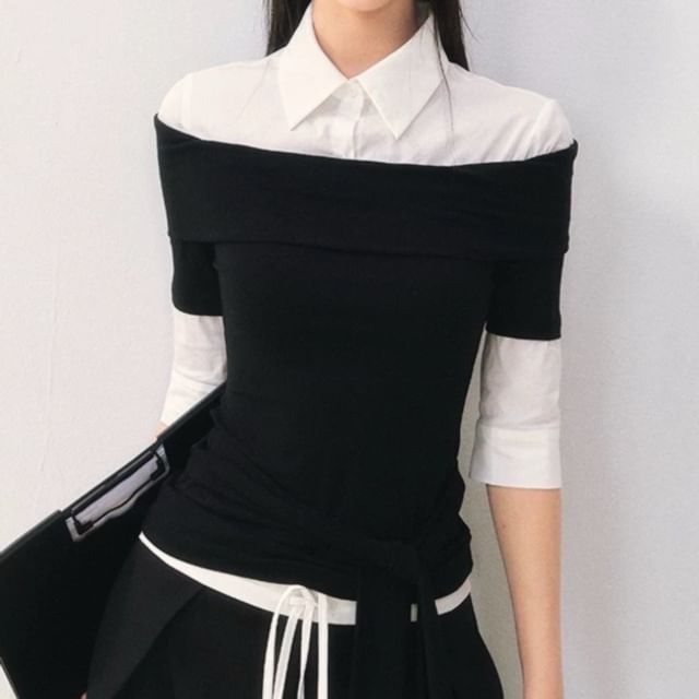 Elbow Sleeve Collar Two Tone Mock Two Piece Tee Shirt