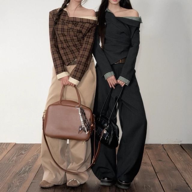 Asymmetric One-Shoulder Blouse with Long Sleeves & High-Waist Baggy Trousers