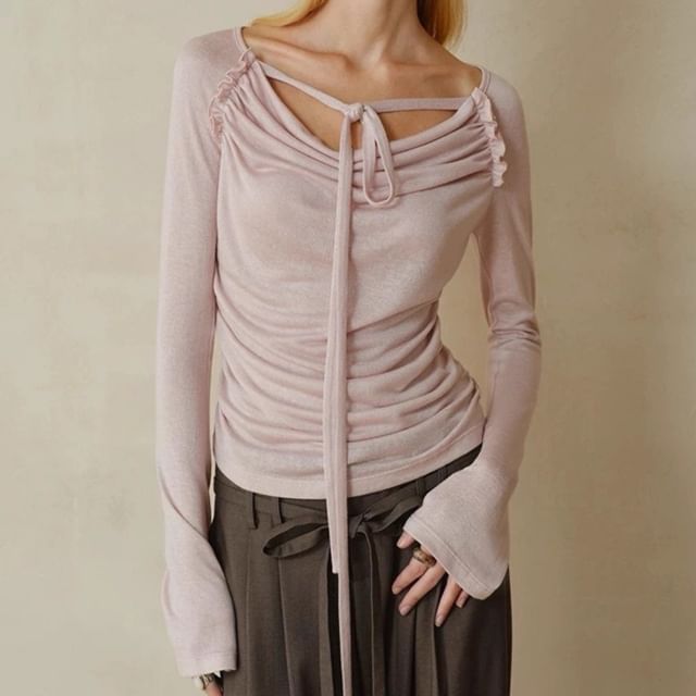 Cowl Neck Plain Ruched Long Sleeve Tee Shirt