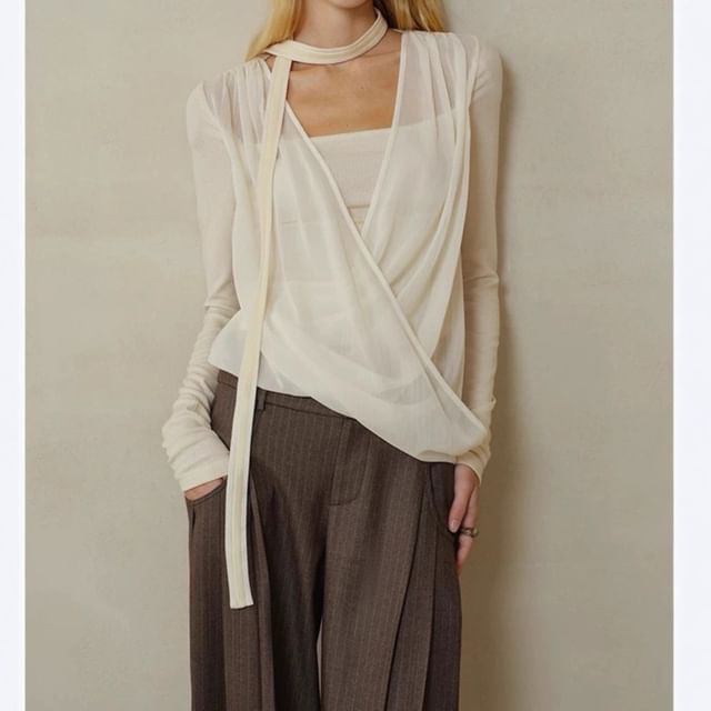 Long Sleeve V Neck Plain Mock Two Piece Knit Top / Mid Rise Striped Wide Leg Pants
