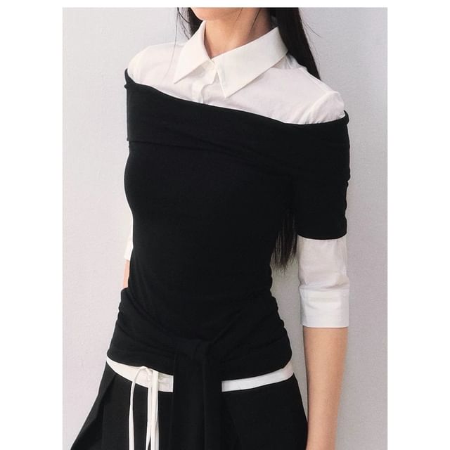 Elbow Sleeve Collar Two Tone Mock Two Piece Tee Shirt