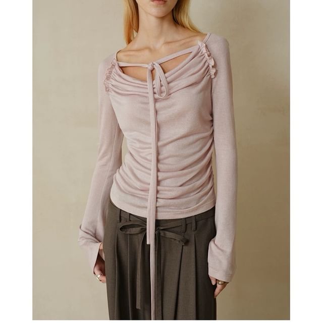 Cowl Neck Plain Ruched Long Sleeve Tee Shirt
