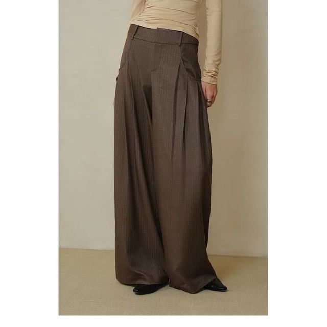 Long Sleeve V Neck Plain Mock Two Piece Knit Top / Mid Rise Striped Wide Leg Pants