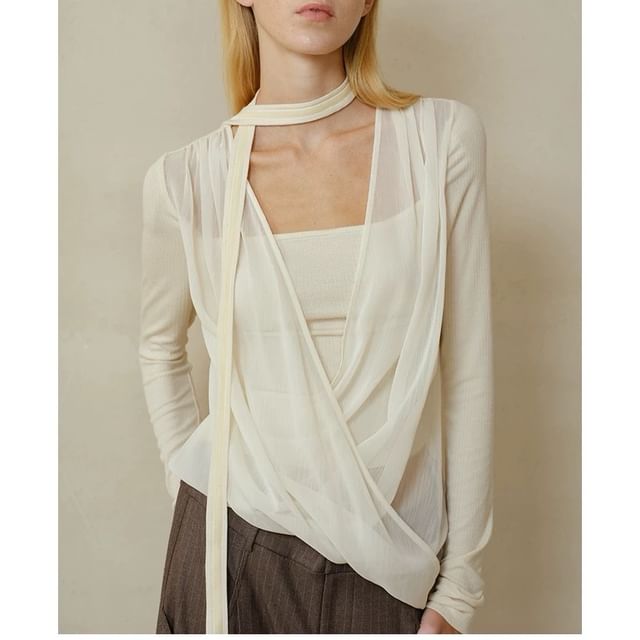 Long Sleeve V Neck Plain Mock Two Piece Knit Top / Mid Rise Striped Wide Leg Pants