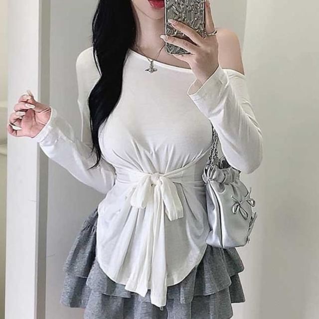 Off-Shoulder Asymmetric Solid Top with Extended Sleeves