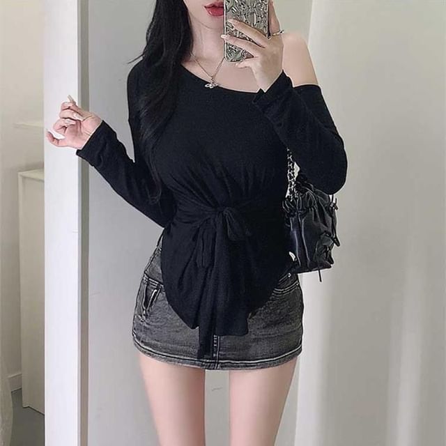 Off-Shoulder Asymmetric Solid Top with Extended Sleeves