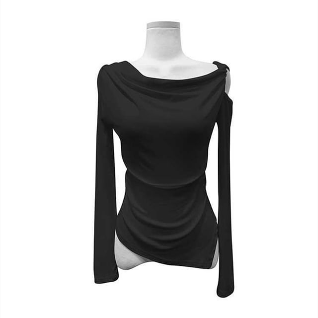Cold-Shoulder Asymmetric Solid Top with Long Sleeves