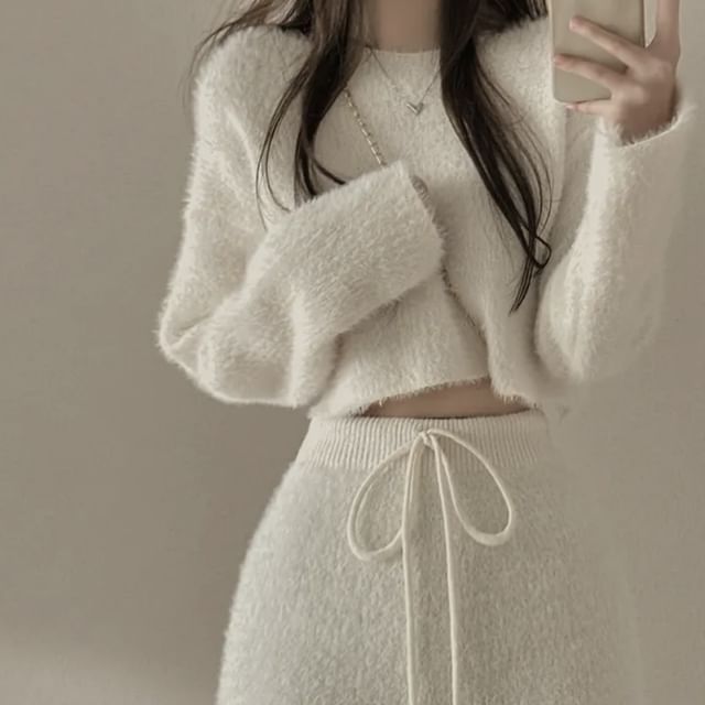 Two-Piece Cropped Knit Sweater and Mini Skirt Matching Ensemble Set