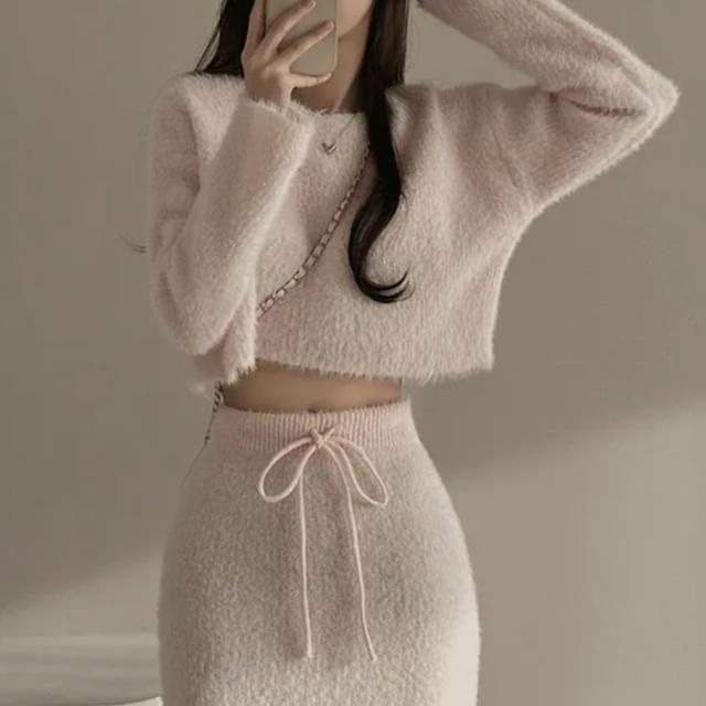 Two-Piece Cropped Knit Sweater and Mini Skirt Matching Ensemble Set