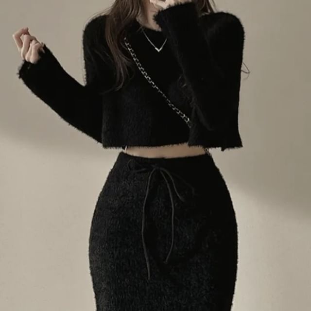 Two-Piece Cropped Knit Sweater and Mini Skirt Matching Ensemble Set