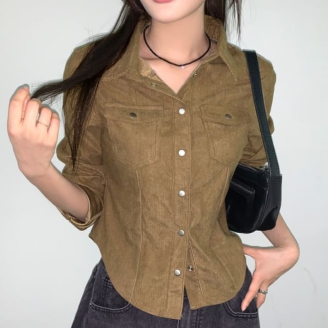 Corduroy Solid Shirt with Long Sleeves