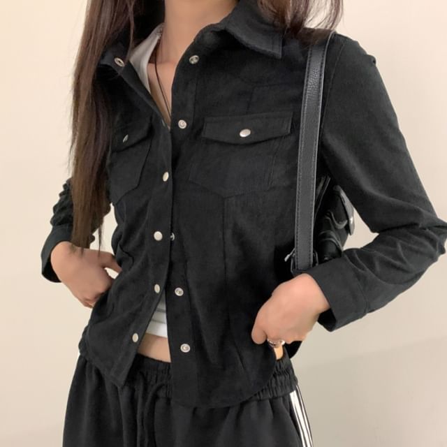 Corduroy Solid Shirt with Long Sleeves