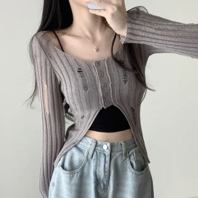 Distressed Solid Crop Knit Top with V-Neckline & Long Sleeves