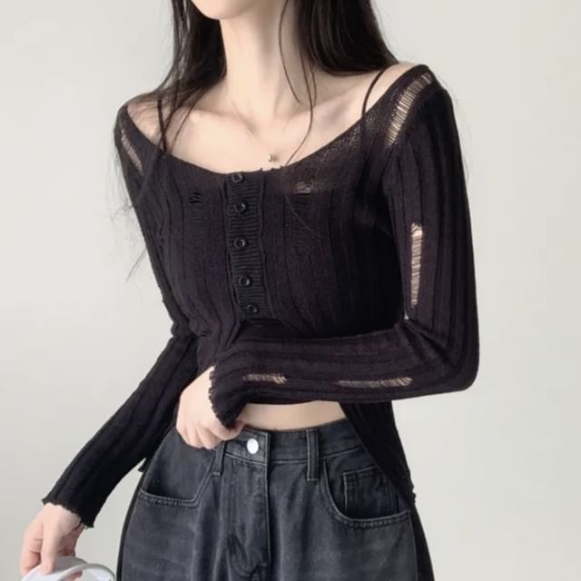 Distressed Solid Crop Knit Top with V-Neckline & Long Sleeves