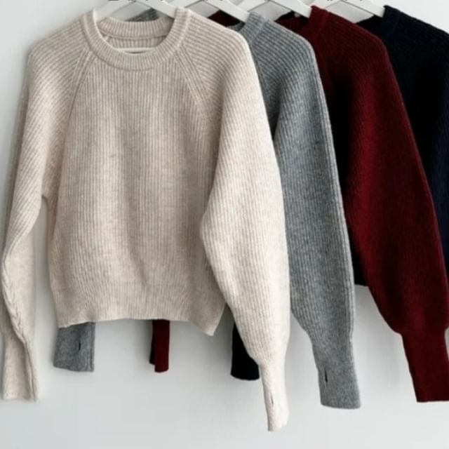 Ribbed Solid Sweater with Crewneck