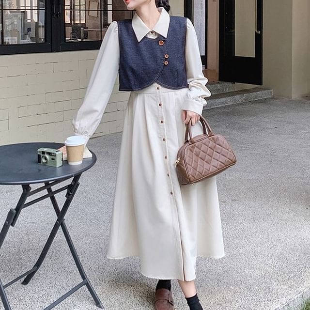 Solid A-Line Midi Shirt Dress & Asymmetric Button Crop Vest with Sleeves