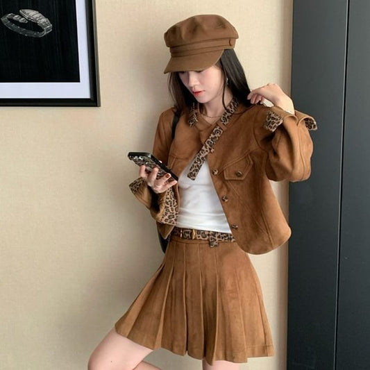 Leopard Pattern Faux Suede Jacket & Pleated Mini Skirt Set