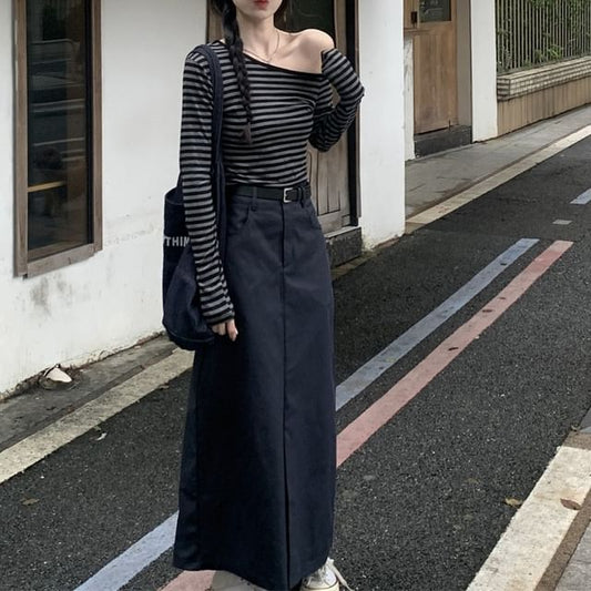 One Shoulder Striped Top & Maxi Skirt Set with Belt