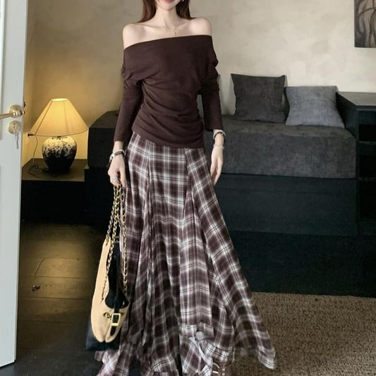 Off Shoulder Ruched Top & Plaid Maxi Skirt Set
