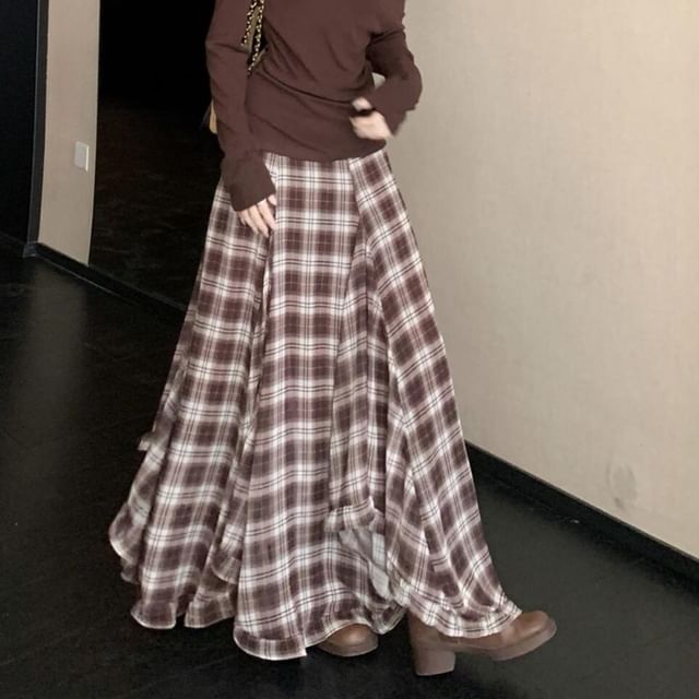 Off Shoulder Ruched Top & Plaid Maxi Skirt Set