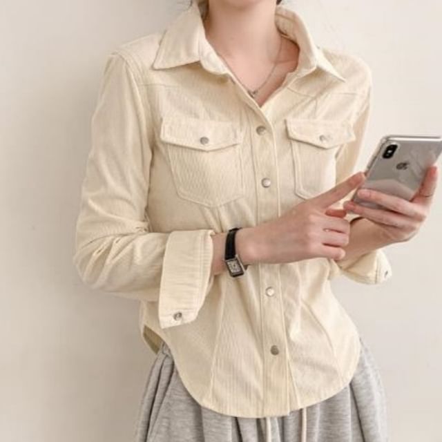 Corduroy Solid Shirt with Long Sleeves