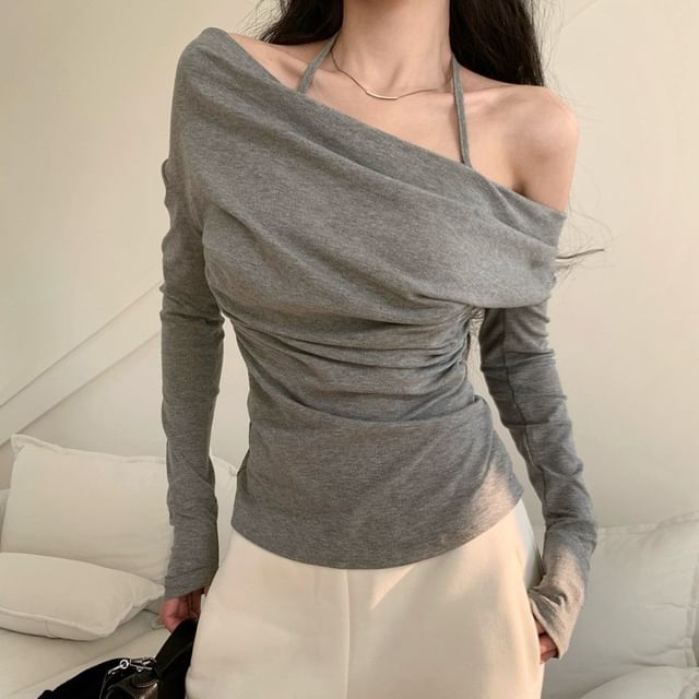 Mock Two-Piece Ruched Halter Top with Extended Sleeves in Solid Color