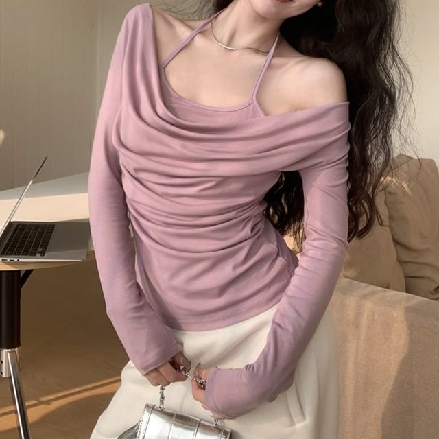 Mock Two-Piece Ruched Halter Top with Extended Sleeves in Solid Color