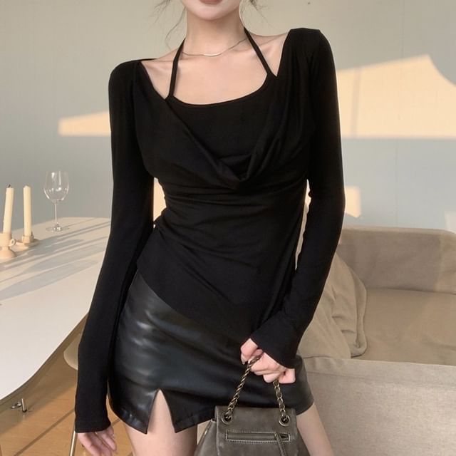 Mock Two-Piece Ruched Halter Top with Extended Sleeves in Solid Color