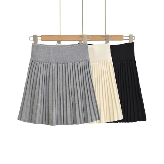 Pleated Knit Mini A-Line Skirt with High Waist