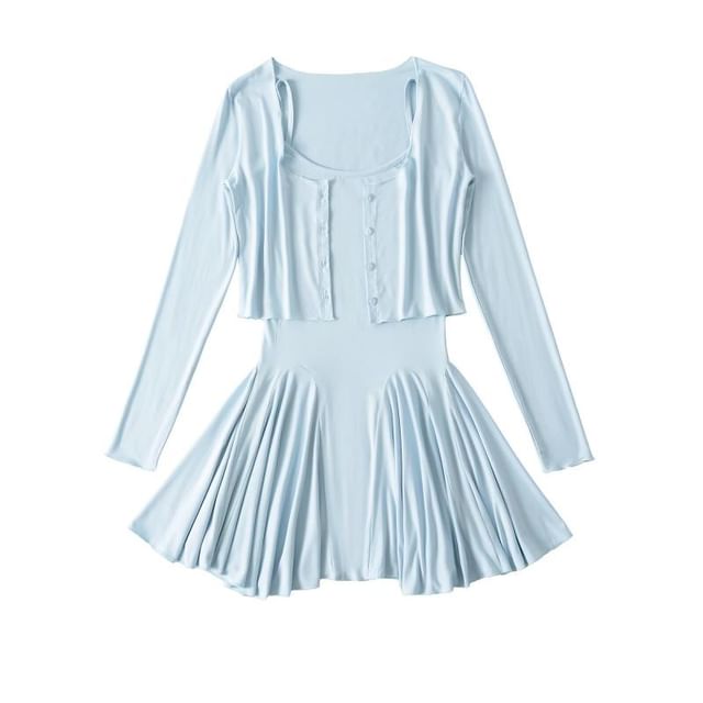 Set: Spaghetti Strap Plain Mini A-Line Dress + Round Neck Crop Cardigan